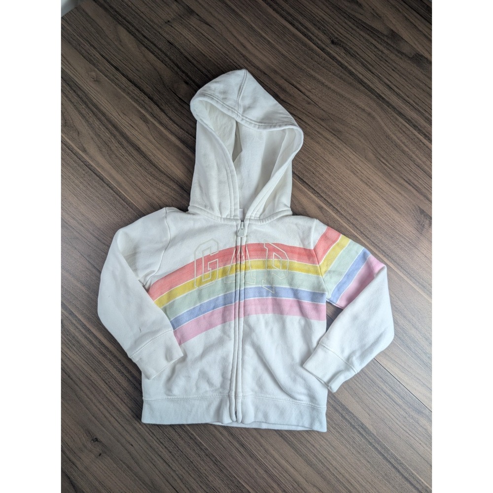 Baby Gap Rainbow Zip-Up Hoodie White Fleece Sweatshirt Toddler Girls 4 Years